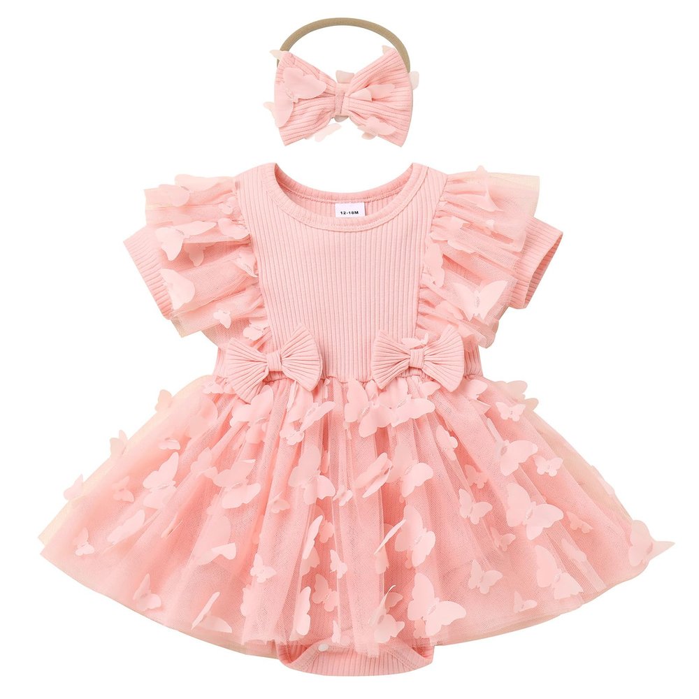 ODASDO Baby Girl Butterfly Dress Infant Toddler Kids My 1st First Birthday Cake Smash Outfits One Year Old Party Photo Shooting Ribbed Knit Cotton Short Sleeve Princess Tutu Tulle Dress Pink 12-18M
