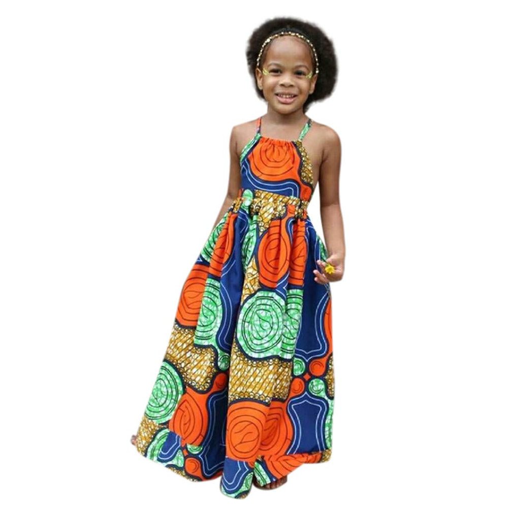 Toddler Baby Girls Casual DressKids Girls African Dashiki 3D Digital Print lter Suspenders Princess Dress (Orange, 5-6 Years)