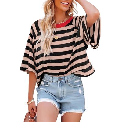 ADZJOY Oversized Tshirts for Women Striped Crew Neck Elbow Sleeve Tops Summer Clashing Color Stripe One Sleeve T-Shirt Casual Shirt (Color : Blue, Size : Large)