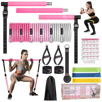 Pilates Bar Kit with Resistance Bands, Upgraded Multifunctional Screw Yoga Pilates Bar with Metal Adjustment Buckle, Portable Home Gym Pilates Bar for Women Full Body Workout Equipment Pink
