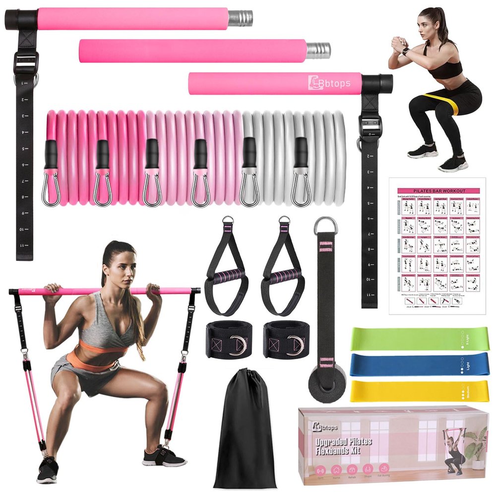 Pilates Bar Kit with Resistance Bands, Upgraded Multifunctional Screw Yoga Pilates Bar with Metal Adjustment Buckle, Portable Home Gym Pilates Bar for Women Full Body Workout Equipment Pink