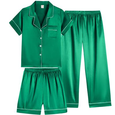 Vopmocld Satin Pajama Sets Unisex Boys and Girls Silk Button Down Short Sleeve & Shorts & Pants Sleepwear 3PCS Loungewear PJS, Bright Green, 10