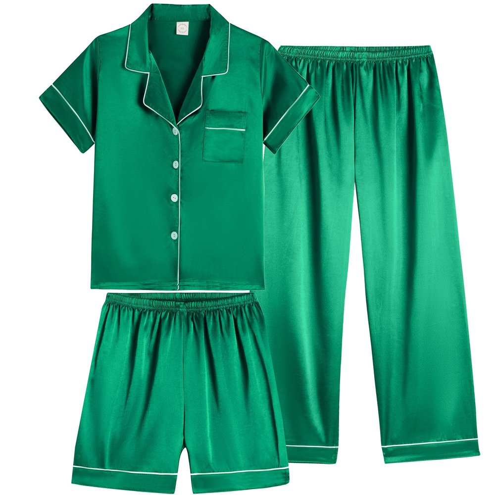 Vopmocld Satin Pajama Sets Unisex Boys and Girls Silk Button Down Short Sleeve & Shorts & Pants Sleepwear 3PCS Loungewear PJS, Bright Green, 10