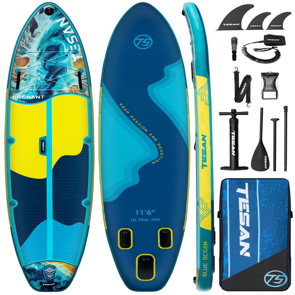 TESAN 11'6x35'' Extra Wide Inflatable Paddle Board,All-Round Ultra Stable Stand Up Paddleboards for 450lb/3 People/Family,Dual Bungees, Camera Mount, 5 Handles,100L Backpack,3PCS Paddle