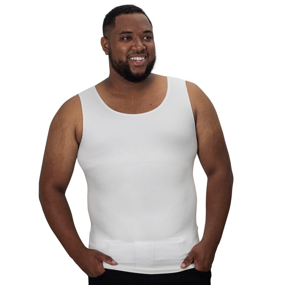 QORE LOGIQ Gynecomastia Compression Shirts for Men - Sleeveless Slimming Undershirts Tummy Control and Body Shaper Tank Top - White 5XLT (Tall Fit)