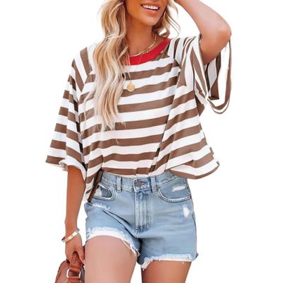 ADZJOY Oversized Tshirts for Women Striped Crew Neck Elbow Sleeve Tops Summer Clashing Color Stripe One Sleeve T-Shirt Casual Shirt (Color : Currant, Size : Medium)