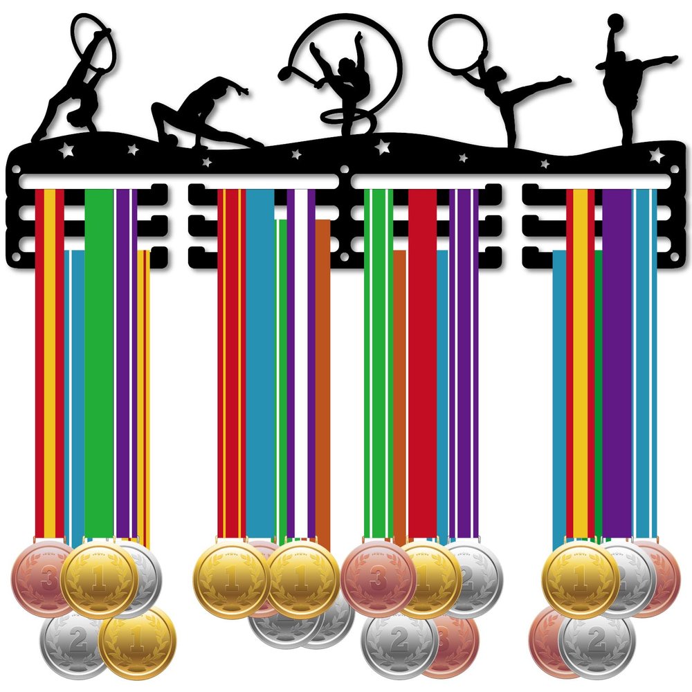 CREATCABIN Gymnastics Medal Holder Medal Hanging Decor Medal Rack Display Wall Mounted 3 Lines Design Hold 60+ Medals Room Home Decoration Gift for Gymnasts Race Winner Women Men Black 15.7x5.9 Inch