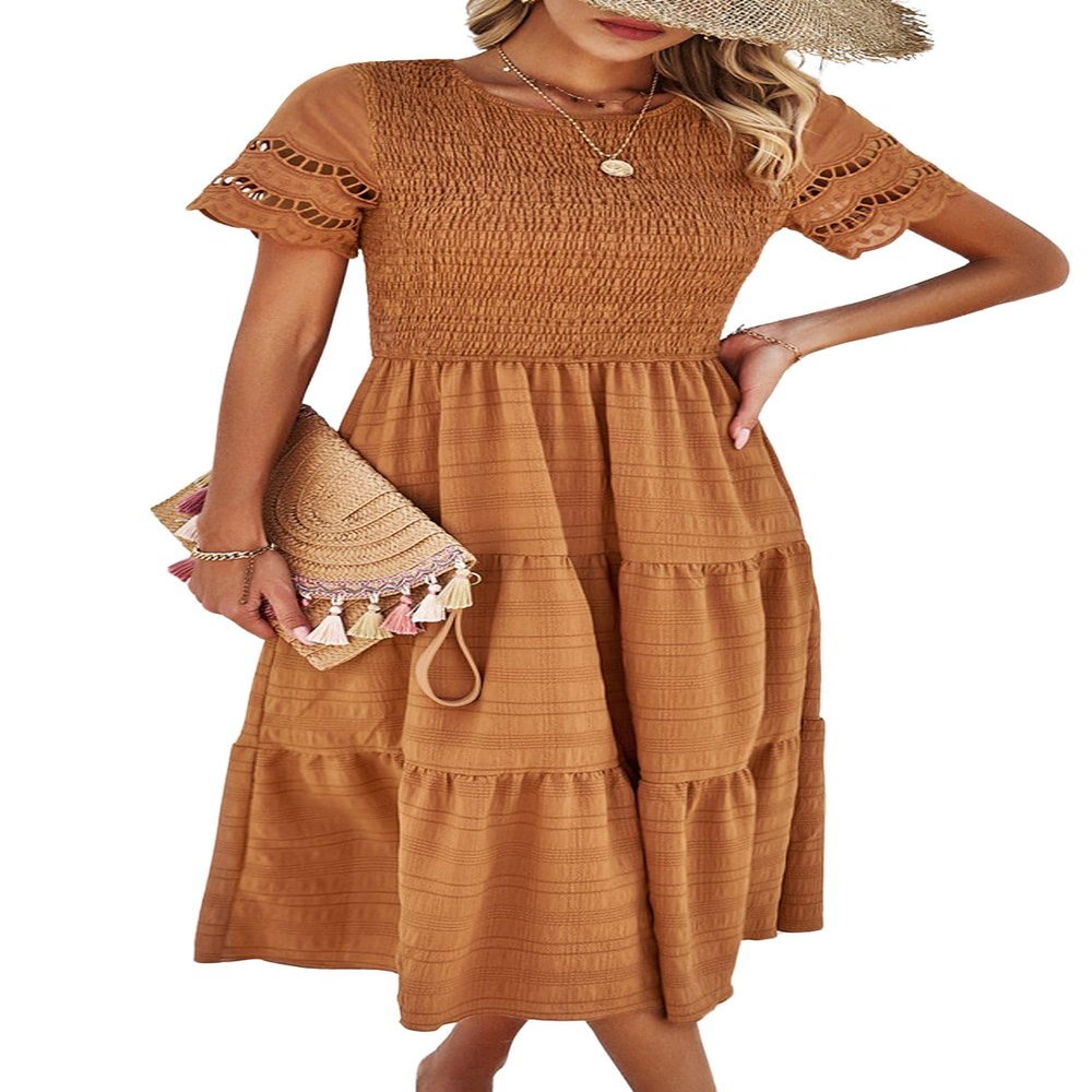 chouyatou Women's 2024 Spring Summer Solid Color Elegant Dresses Crewneck Cut Out Maxi Dress (X-Large, Brown)