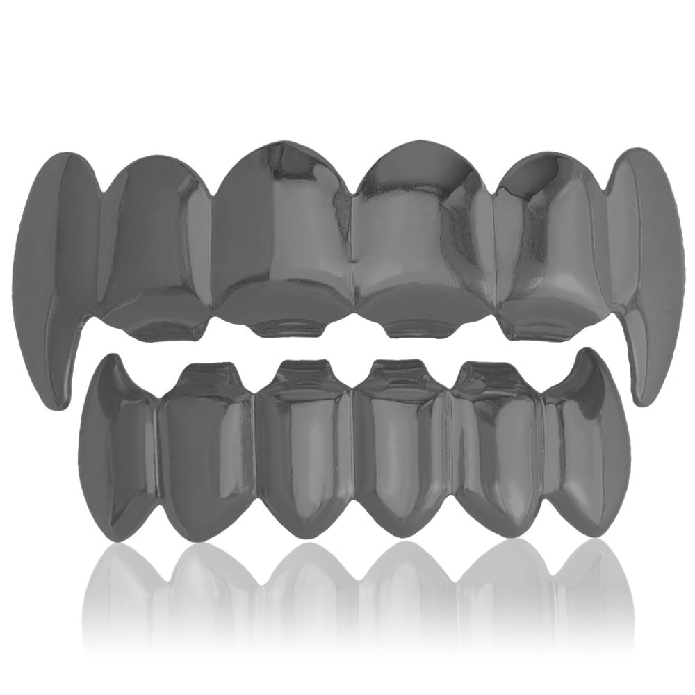 18K Gold Plated Hip Hop Custom Polished Grillz for Your Teeth - Affordable Hip Hop Grillz for Rappers and Performers - Vampire Fangs Dental Grill Set (Black Flat Vampire set)