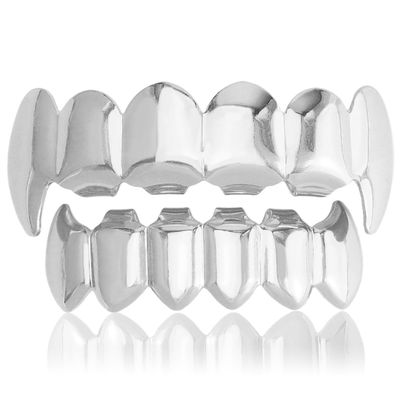 18K Gold Plated Hip Hop Custom Polished Grillz for Your Teeth - Affordable Hip Hop Grillz for Rappers and Performers - Vampire Fangs Dental Grill Set (Silver Flat Vampire set)