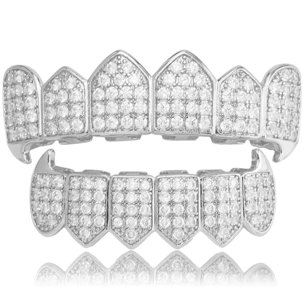 18K Gold Plated Hip Hop Custom Polished Grillz for Your Teeth - Affordable Hip Hop Grillz for Rappers and Performers - Vampire Fangs Dental Grill Set (Silver Diamond set)
