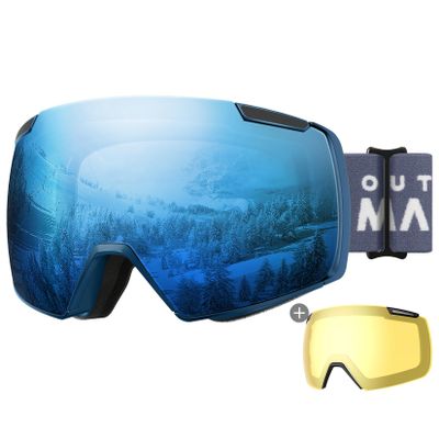 OutdoorMaster Heron Ski Goggles with 2 Lens, Frameless, Magnetic Interchangeable HD Toric Lens, OTG Snowboard Goggles(BlueFrame RevoBlue Vlt 16% + YellowLens)