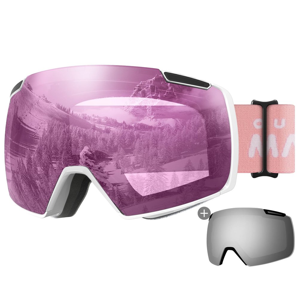OutdoorMaster Heron Ski Goggles with 2 Lens, Frameless, Magnetic Interchangeable HD Toric Lens, OTG Snowboard Goggles(WhiteFrame Pink Vlt 46% + SilverLens)