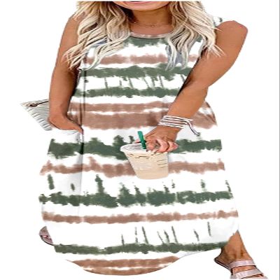 Women's Floral Boho Summer Dresses Casual Loose Sundress Long Dresses Striped Sleeveless Beach Maxi Dresses with Pockets(Large,Tie Dye Striped 1)