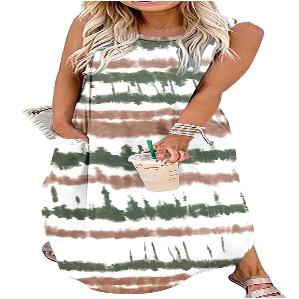 Women's Floral Boho Summer Dresses Casual Loose Sundress Long Dresses Striped Sleeveless Beach Maxi Dresses with Pockets(Large,Tie Dye Striped 1)