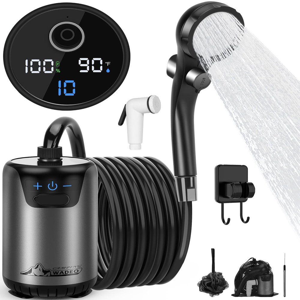 2026 Upgraded Portable Shower for Camping, Rechargeable Camping Shower with Intelligent LED Display, 10 Spray Modes, IPX7 Waterproof Outdoor Camp Pump for Hiking, Travel, Car, Pet