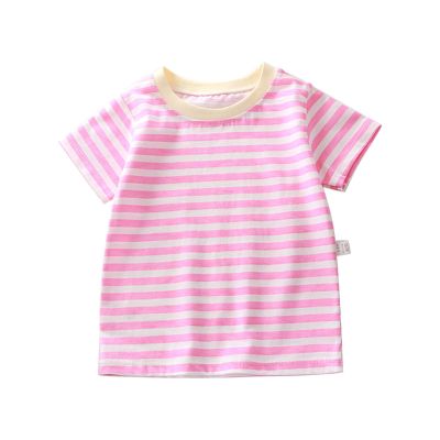 Toddler Baby Boys Girls Striped Color Block Short Sleeve T Shirts Kids Casual Crewneck Shirt Summer (Pink, 6-12 Months)