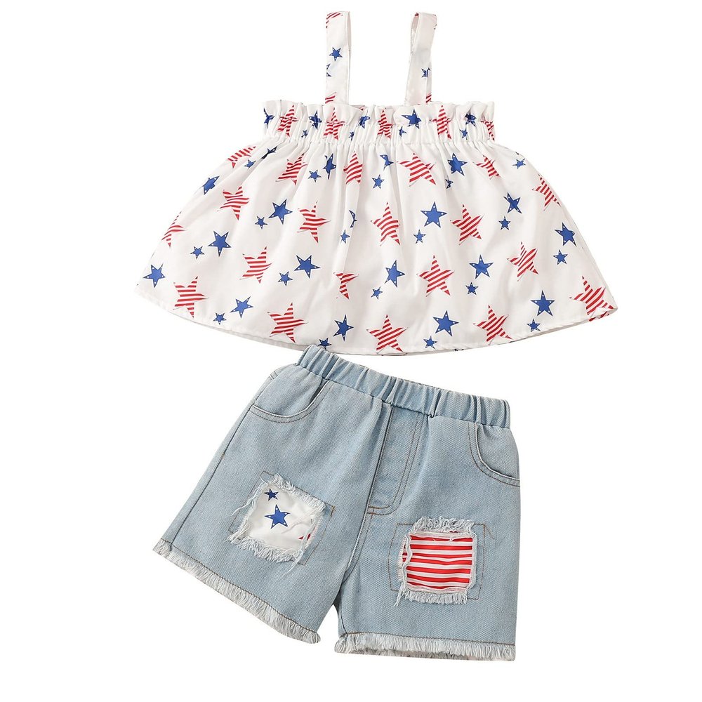 Baby Girls 4th of July Sleeveless Outfit 2pc Ruffle Top+Ripped Denim Shorts Toddler Independence (White, 3-4 Years)