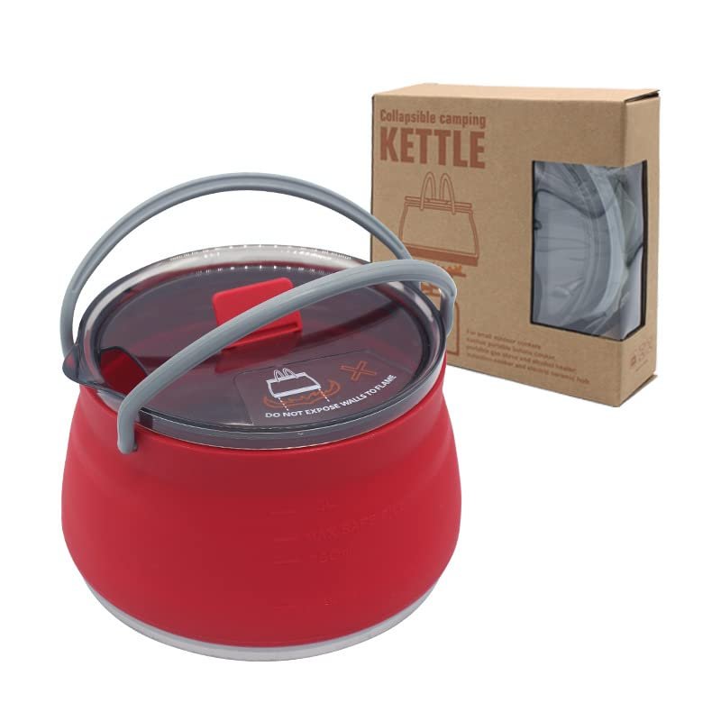LGRFUXIN 1L Collapsible Camping Kettle, Portable Travel Kettle Folding Silicone Camping Cook Pot Foldable Compact Hiking Water Boiler and Warmer,Red