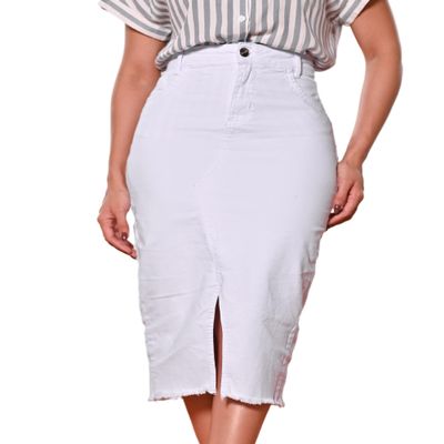 Anagrom Denim Premium Stretch Skirt Midi High-Waist and Bellow The Knee with Front or Side Slit Regular and Plus Size (US, Numeric, 18, Plus, Regular, White (Front Slit))