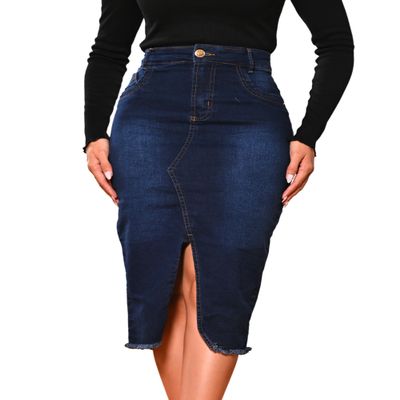 Anagrom Denim Premium Stretch Skirt Midi High-Waist and Bellow The Knee with Front or Side Slit Regular and Plus Size (US, Numeric, 12, Regular, Regular, Classic Blue (Front Slit))