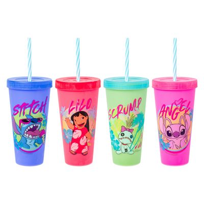 Silver Buffalo Disney Lilo and Stitch Tropical Character Poses 4 Pack Color Changing Plastic Tumbler with Lid and Reusable Straw, 24 Ounce