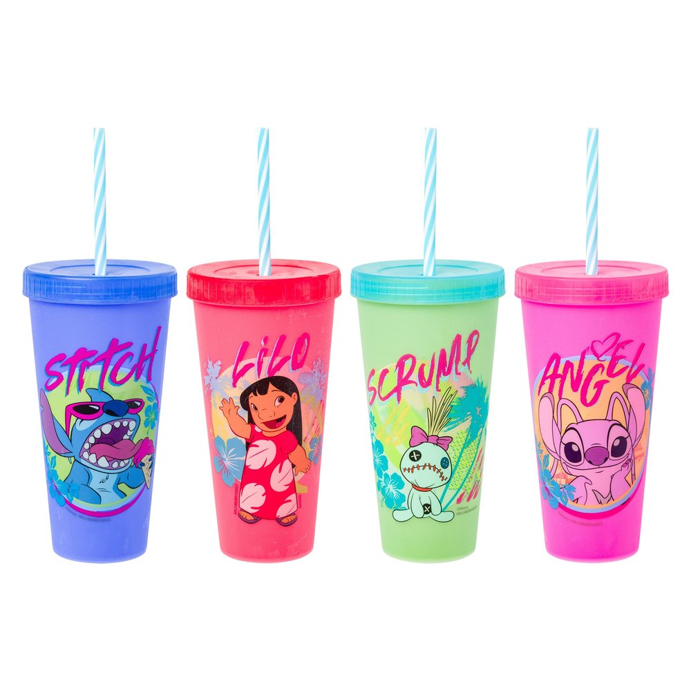 Silver Buffalo Disney Lilo and Stitch Tropical Character Poses 4 Pack Color Changing Plastic Tumbler with Lid and Reusable Straw, 24 Ounce