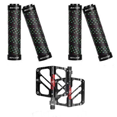 BUCKLOS Greener Double Lock on Bike Handlebar Grips Non-Slip Bicycle Rubber Handle bar Grip and MTB Flat Pedals 3 Bearings CNC Adult Road Bike Pedals