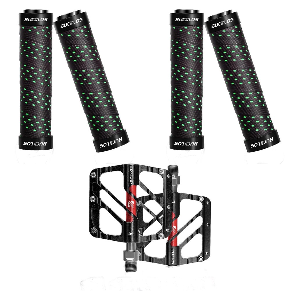 BUCKLOS Greener Double Lock on Bike Handlebar Grips Non-Slip Bicycle Rubber Handle bar Grip and MTB Flat Pedals 3 Bearings CNC Adult Road Bike Pedals