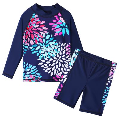 TFJH E 2-Piece Girls Long Sleeve Swimsuits UV 50+ Rash Guard Sets Kids Beachwear Daisy Navy 116/122
