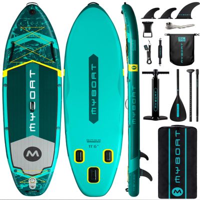 MYBOAT 11'6"35"6" Extra Wide Inflatable Paddle Board, Stand Up Paddle Board, Sup Board for 450lb Capacity with 3 Removable Fins, Dual Action Pump, Floating Paddle, 5L Waterproof Bag, Safety Leash