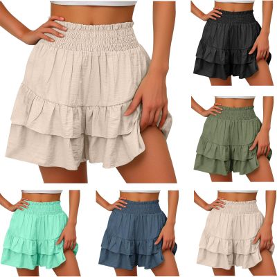 Generic Cute Ruffle Shorts for Women Summer Linen Shorts Flowy Casual Shorts Lightwieght Elastic Waist Shorts Athletic Shorts Khaki, XX-Large