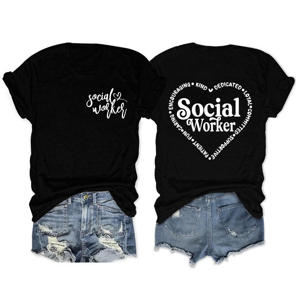 Women's Social Worker Love Heart Graphic T Shirt Caring Encouraging Kind Letter Printed Front and Back Graphic Tee Black