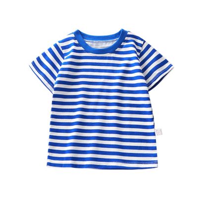 Ikevan Toddler Baby Boys Girls Striped Color Block Short Sleeve T Shirts Kids Casual Crewneck (Sky Blue, 5-6 Years)
