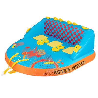 GYMAX Towable Tube for Boating, 2/3 Riders Inflatable Boat Tube for Water Sports to Pull, Boat Tubes with EVA Seat Pads, Dual Tow Points, Full 900D Nylon Cover & Drainage System (Blue, 3 Riders)