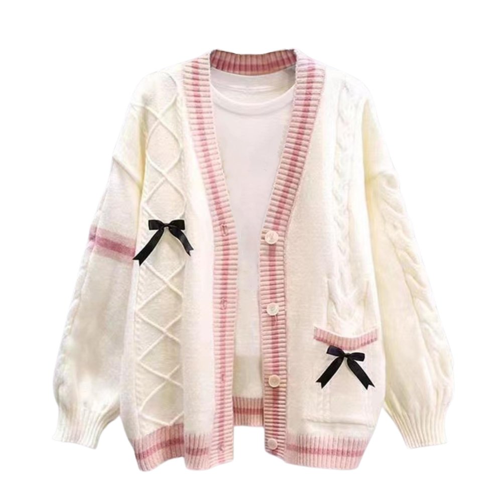 FindThy Womens Kawaii JK School Uniform Cardigans Long Sleeve Button Up Cardigan with Pinned Bowknot(1786-Beige-OneSize-LB)