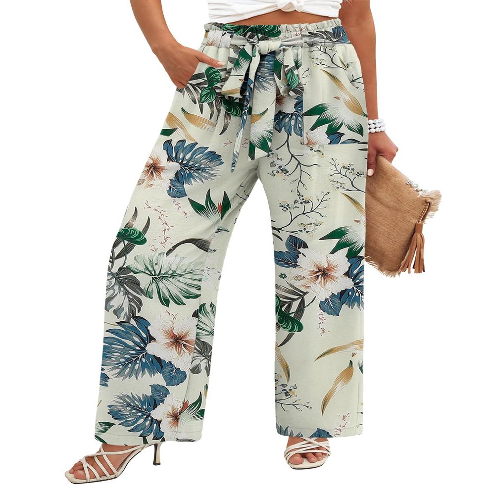 Angerella Women's Wide Leg Casual Pants Comfy Elastic Waisted Summer Beach Holiday Loose Flowy Trousers with Pockets,BeigeFlo XXL
