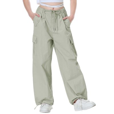 Rolanko Girls Parachute Pants, Cargo Pants for Girls Y2K Loose Jogger Trousers with Pockets Kids (Light Green, 8-10)