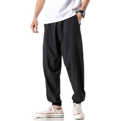 UEAUY Men Linen Pants Casual Beach Trousers Solid Color Elastic Waist Loose Sweatpants Black Medium