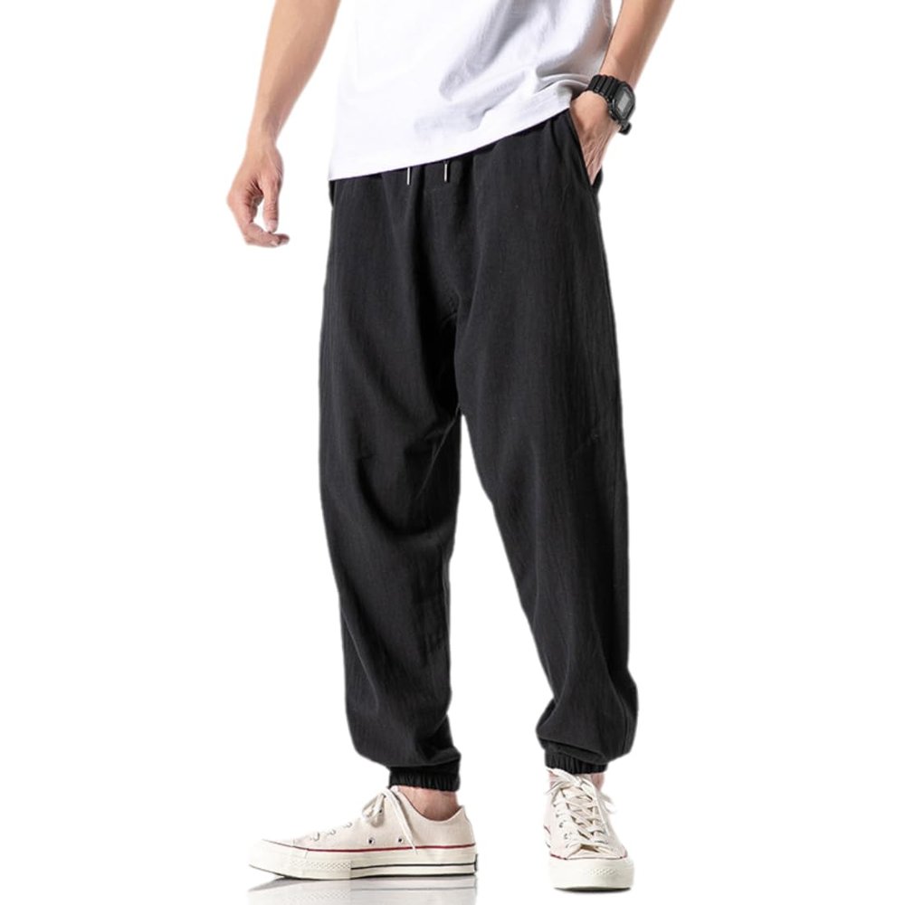 UEAUY Men Linen Pants Casual Beach Trousers Solid Color Elastic Waist Loose Sweatpants Black Medium