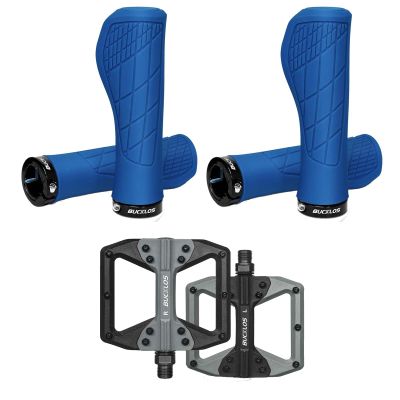 BUCKLOS Blue Single Lock-on Mountain Bike Handlebar Grips Ergonomic Anti-Slip Handle Grip and MTB Flat Platform Pedals Nylon Wide Road Bike Pedal