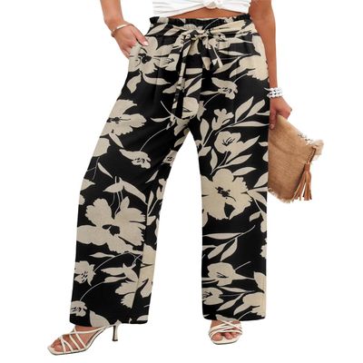 Angerella Floral Black Womens Pants Comfy Soft Capri Pants for Women Ladies Wide Leg Flowy Beach Vacation Pants for Women Ladies,S
