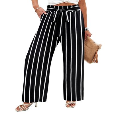 Angerella Wide Leg Pants for Women Ladies Spring Summer Loose Casual High Waist Stripe Palazzo Pants with Side Pockets,BlackStripe S