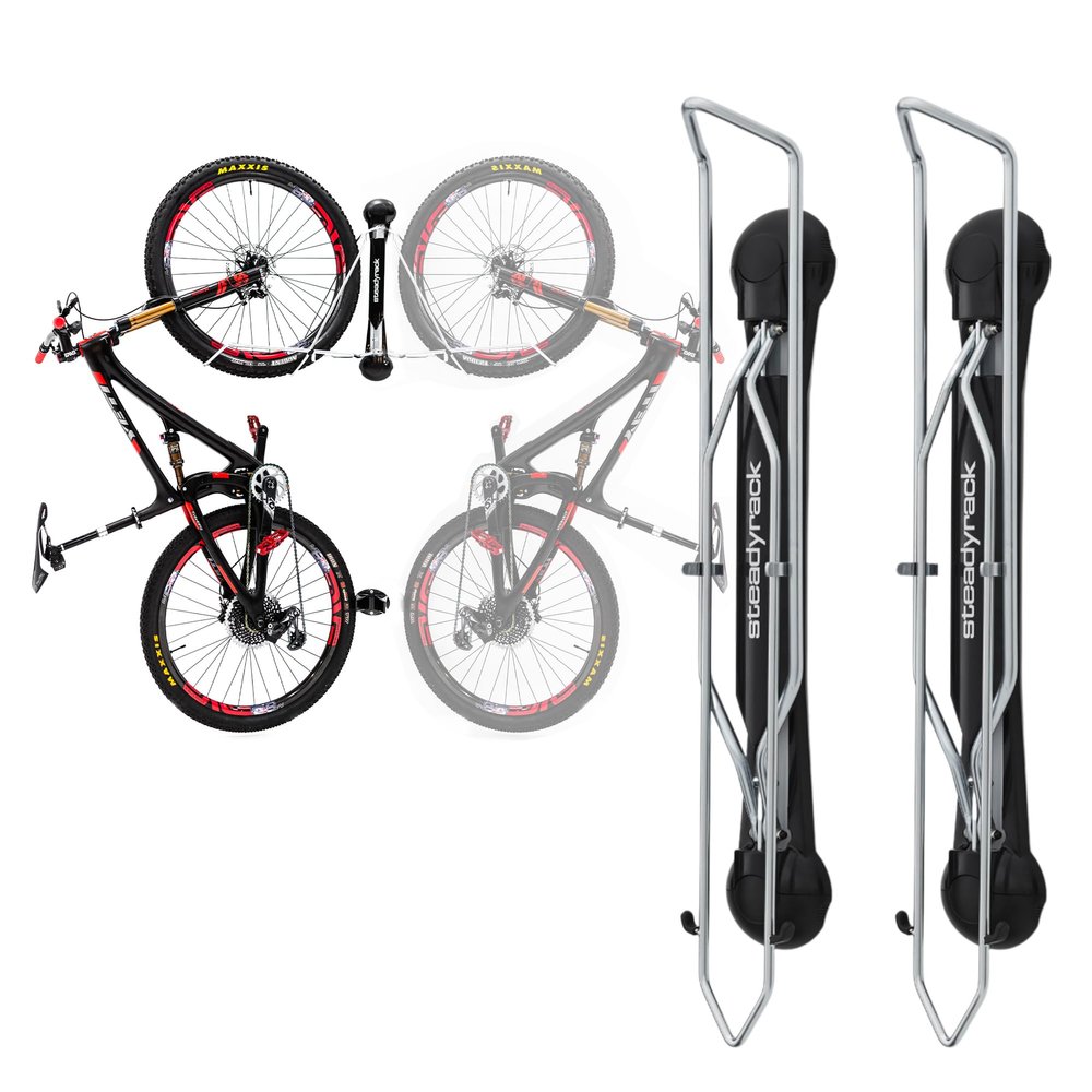 Steadyrack Bike Rack Pivoting Mountain Bike Rack, Holds Up to 77 lbs, Fits 24"-29" Wheels, 2.1"-2.8" Tires, Foldable Wall Mount for Space-Saving Bicycle Storage - 2 Pack