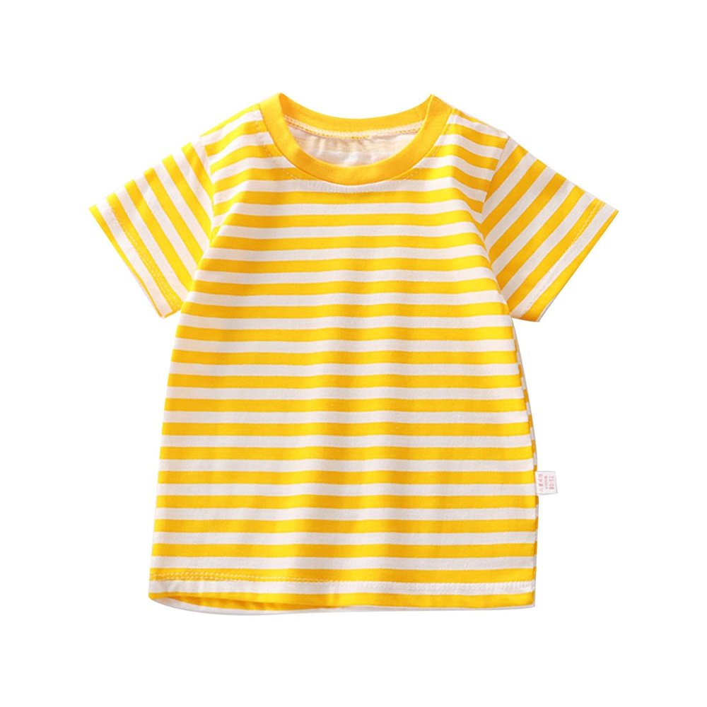 Ikevan Toddler Baby Boys Girls Striped Color Block Short Sleeve T Shirts Kids Casual Crewneck (Yellow, 12-18 Months)