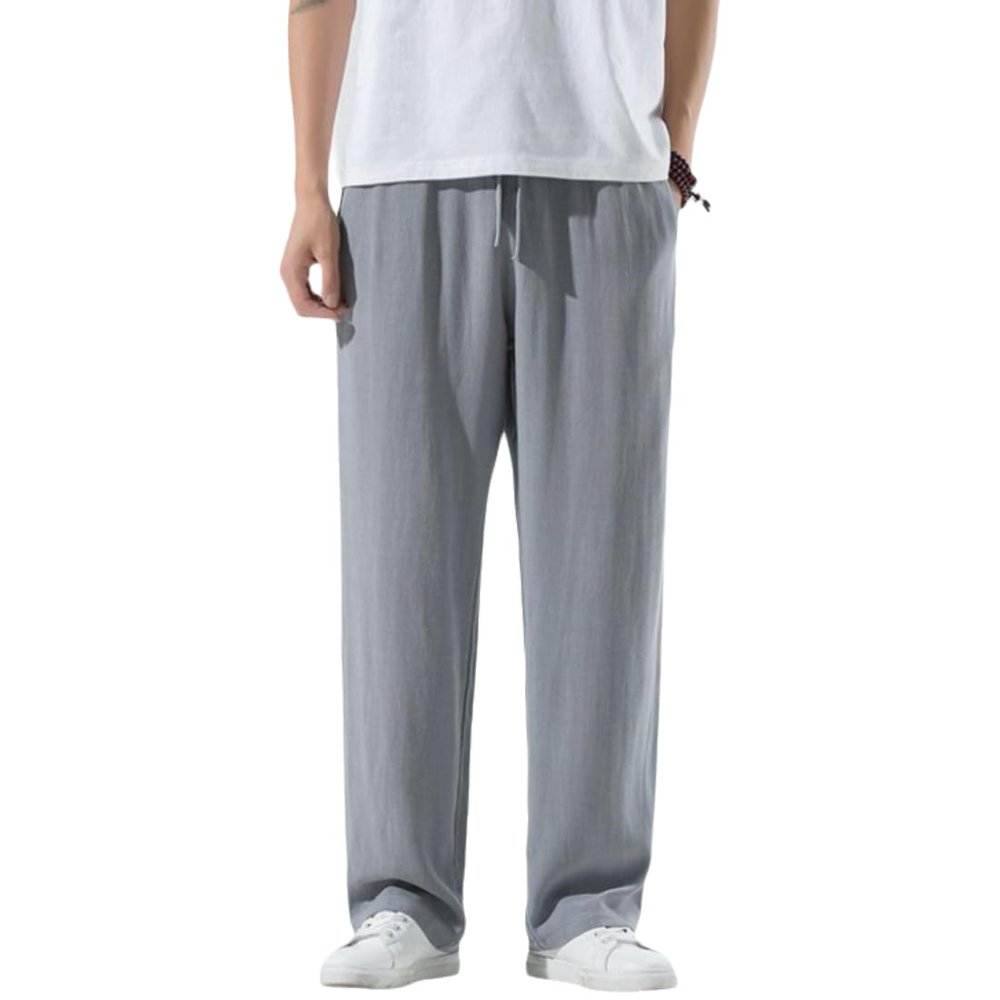 UEAUY Men's Drawstring Pants Elastic Waist Casual Summer Linen Pant Breathable Loose Jogger Yoga Pants Gray Large