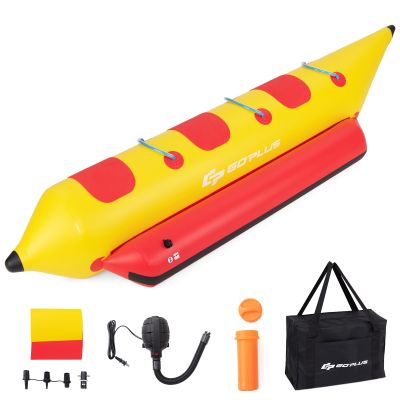 Goplus Inflatable Towable Tubes for Boating, 1-3 Rider Hot Dog Tube w/Electric Air Pump, Carrying Bag, Water Recreation Sports Banana Boat for Towing Rider