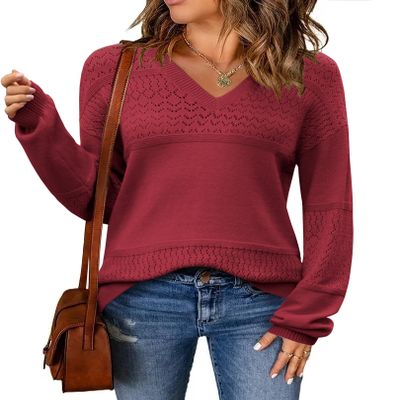 Zeagoo Womens 2025 Fall Pullover Sweaters Batwing Long Sleeve Ribbed Knitted Pullovers Crochetd V Neck Tops Wine Red M