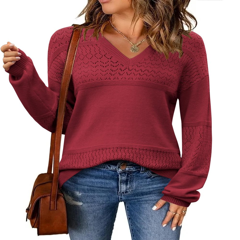 Zeagoo Womens 2025 Fall Pullover Sweaters Batwing Long Sleeve Ribbed Knitted Pullovers Crochetd V Neck Tops Wine Red M