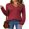Zeagoo Womens 2025 Fall Pullover Sweaters Batwing Long Sleeve Ribbed Knitted Pullovers Crochetd V Neck Tops Wine Red M view 1